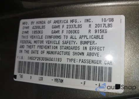 2009 Honda Accord Lx z USA, uszkodzony, nr VIN 1HGCP26309A041193